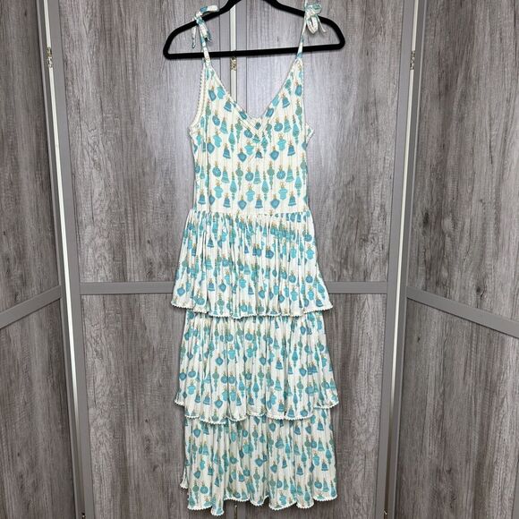 Kate Quinn Tiered Midi Dress Strappy Sleeves Ruffle Bamboo Viscose Size S NEW - Picture 1 of 9